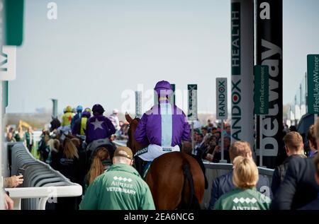 Les jockeys du Grand National se rendent à la ligne de départ de la course qui se tient chaque année à l'hippodrome d'Aintree, près de Liverpool, en Angleterre. Banque D'Images