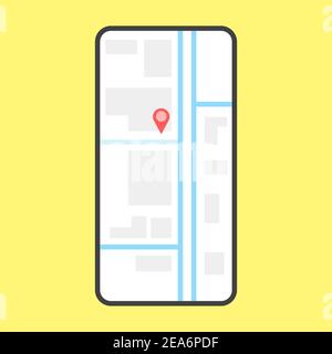 Disposition de la page d'application mobile navigation GPS. Smartphone Lite détaillé avec plan de la ville, point de contrôle et itinéraire en taxi. Vecteur sur fond jaune Illustration de Vecteur