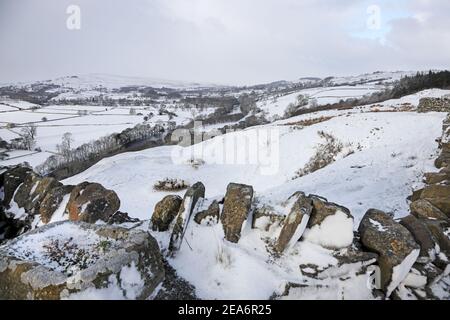 Middleton-in-Teesdale, comté de Durham, Royaume-Uni. 8 février 2021. Météo Royaume-Uni. La neige couvre le sol près de Middleton-in-Teesdale alors que la Bête de l'est II commence à mordre dans le nord de l'Angleterre. Crédit : David Forster/Alamy Live News Banque D'Images