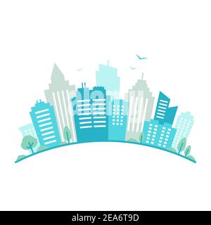 Vue panoramique City fisheye. Paysage urbain. Vue sur la ville bleue. Paysage urbain de style plat. Paysage urbain moderne de forme ronde. Paysage urbain Illustration de Vecteur