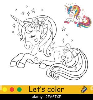 Une jolie petite licorne rêveuse aux flambeaux. Page de livre de coloriage avec modèle coloré. Illustration de dessin animé vectoriel isolée sur fond blanc. Pour c Illustration de Vecteur