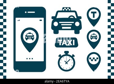 Icônes de taxi définies. Icônes sombres de style plat sur fond blanc. Épinglette de carte avec voiture de taxi, chèques, épingles de carte, panneaux de minuterie. Éléments de bannière de service de taxi. Illustration de Vecteur
