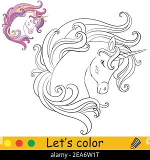 Joli portrait rêvant de licorne. Page de livre de coloriage avec modèle coloré. Illustration de dessin animé vectoriel isolée sur fond blanc. Pour colorier b Illustration de Vecteur