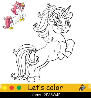 licorne jumpant mignonne. Page de livre de coloriage pour les enfants avec modèle coloré. Illustration de dessin animé vectoriel isolée sur fond blanc. Pour CO Illustration de Vecteur