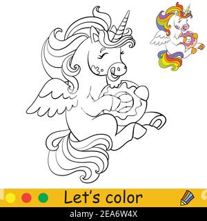 mignonne petite licorne mangeant un beignet. Page de livre de coloriage avec modèle coloré. Illustration de dessin animé vectoriel isolée sur fond blanc. Pour colori Illustration de Vecteur