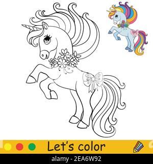 Jolie petite licorne avec fleurs. Page de livre de coloriage pour les enfants avec modèle coloré. Illustration de dessin animé vectoriel isolée sur fond blanc. Pour Illustration de Vecteur