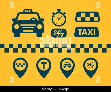 Icônes de taxi définies. Icônes sombres de style plat sur fond jaune. Épinglette de carte avec voiture de taxi, chèques, épingles de carte, panneaux de minuterie. Éléments de bannière de service de taxi. Vecteur Illustration de Vecteur