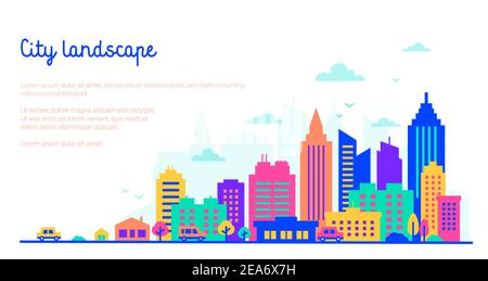 Modèle paysage urbain avec espace de copie. Des silhouettes de bâtiments de style plat aux couleurs vives et lumineuses au néon. Gratte-ciel du centre-ville. Architecture panoramique Illustration de Vecteur