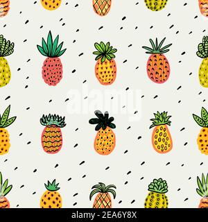 Motif ananas ensoleillé sans couture. Pinapple décoratif avec différentes textures dans des couleurs chaudes. Fond de fruits exotiques pour textile imprimé mode Illustration de Vecteur