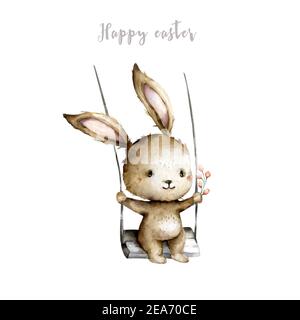 Mignon lapin avec poulet. Ensemble de motifs aquarelle dessinés à la main. Chambre de bébé Banque D'Images