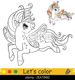 Cute unicorn with Wings.page de livre de coloriage avec modèle coloré. Illustration de dessin animé vectoriel isolée sur fond blanc. Pour enfants coloriage boo Illustration de Vecteur