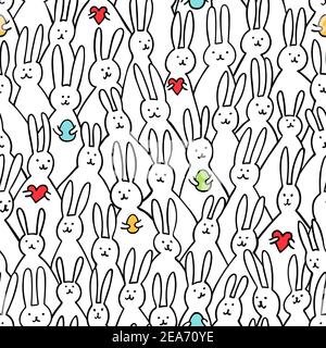 Motif de lapin amusant sans coutures. Illustration de jolis lapins de pâques avec des œufs et des coeurs de pâques. Fond de pâques brillant pour le textile, le tissu, les couvertures Illustration de Vecteur