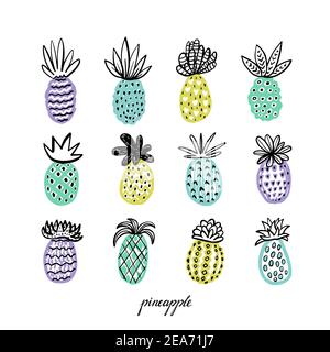 Jeu d'ananas. Ananas décoratif dessiné à la main avec différentes textures dans des couleurs pastel, jaune, bleu-violet. Fruits exotiques sur fond blanc Illustration de Vecteur