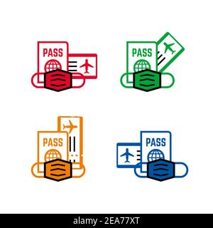 Passeport, billet d'avion et masque. Icônes de déplacement définies Illustration de Vecteur