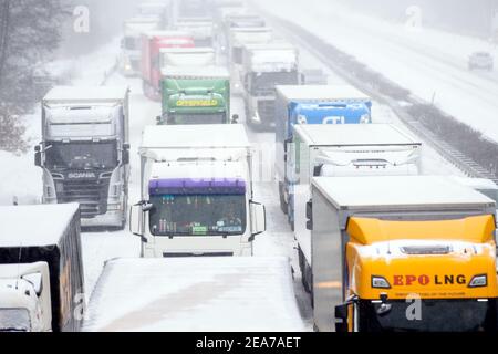 08 février 2021, Saxe-Anhalt, Möckern: Des camions sont bloqués sur l'A2 sur un lieu d'accident. Avec des températures glaciales, il peut faire de la neige encore et encore tout au long de la journée. Photo: Klaus-Dietmar Gabbert/dpa-Zentralbild/dpa Banque D'Images