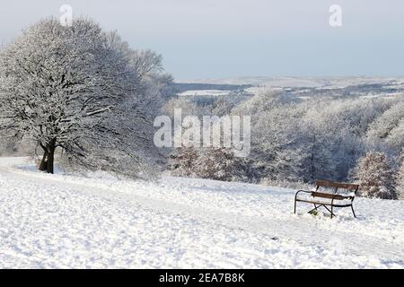 Un banc en bois se trouve le long d'un sentier enneigé, entouré d'une forêt, avec des collines ondulantes en arrière-plan (graves Park, Sheffield, Royaume-Uni) Banque D'Images