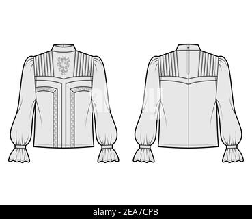 Chemisier victorien illustration technique de la mode avec l'évêque ruffles manches longues, support col, grand, dentelle. Modèle de haut de vêtement plat avant, arrière, gris. Femmes, hommes unisex CAD maquette Illustration de Vecteur