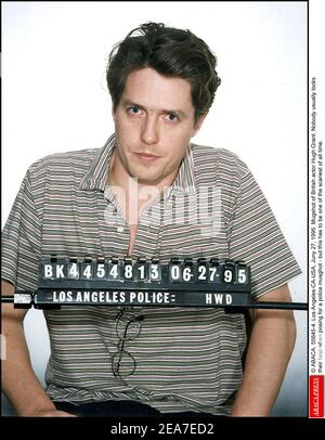 © ABACA. 55645-4. Los Angeles-CA-USA, 27 juin 1995. Mugshot de l'acteur britannique Hugh Grant. Personne n'a l'air le plus beau en posant pour un mousghot de police - mais cela doit être l'un des plus effrayants de tous les temps. Banque D'Images