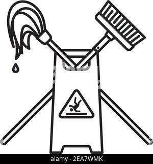 Affiche de sol humide avec une vadrouille croisée et une icône de ligne vectorielle de balai pour la journée de travail de garde le 2 octobre. Symbole de contour de l'équipement de nettoyage professionnel. Illustration de Vecteur