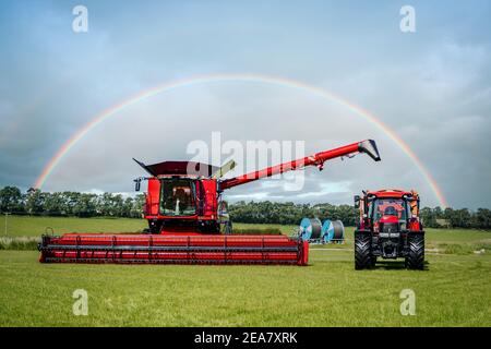 Nouvelle moissonneuse-batteuse moderne et propre et agricole rouge brillant tracteur dans les champs de ferme ruraux le jour de l'été avec belle arc-en-ciel coloré dans le Banque D'Images