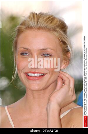 L'actrice AMÉRICAINE Cameron Diaz pose au photocall pour le film d'animation d'Andrew Adamson 'Shrek 2' dans le cadre du 57e Festival de Cannes le jeudi 15 mai 2004. Photo de Hahn-Nebinger-Gorassini/ABACA. Banque D'Images