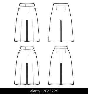 Ensemble de shorts Bermuda robe pantalon illustration technique de la mode avec longueur de genou, taille normale basse, taille haute, poche écrasée. Modèle à fond plat à l'avant, à l'arrière, de couleur blanche. Femmes, maquette de CAO Illustration de Vecteur