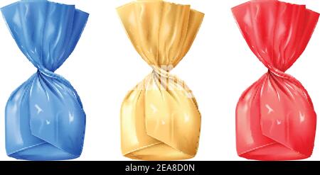 Ensemble de bonbons enveloppés isolés sur fond blanc. Illustration vectorielle au réalisme photographique. Illustration de Vecteur