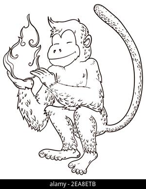 Singe de style main, tenant une flamme dans sa main, symbolisant l'élément pour cet animal chinois du zodiaque. Illustration de Vecteur