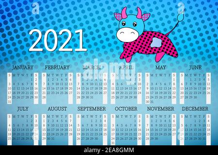 Calendrier 2021. Calendrier mensuel 2021 du dimanche au samedi. Planificateur annuel. Modèles avec un joli taureau dessiné à la main. Illustration vectorielle avec adorable Illustration de Vecteur