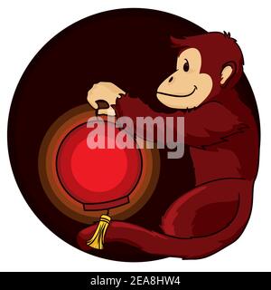 Un adorable singe en fourrure tenant une lanterne en papier arrondie et brillante à franges, à l'intérieur d'un bouton rond, attendant le nouvel an chinois et le festival des lanternes. Illustration de Vecteur