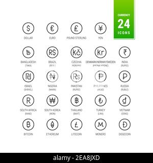 Icônes de devise. Exemples de devises de Golbal, Dollar, Livre Sterling et Euro. Yen, Ruble et krona/Krone. Roupie, Rand et Crypto. Bitcoin, Ethereum, Illustration de Vecteur