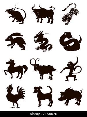 Silhouettes noires représentant les douze animaux du zodiaque chinois : boeuf, tigre, lapin, dragon, serpent, cheval, chèvre, singe, coq, chien et cochon. Illustration de Vecteur