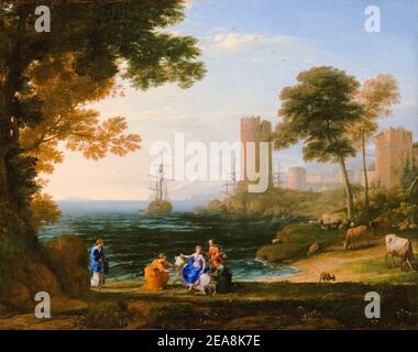 Vue sur la côte avec l'enlèvement d'Europa, peinture de paysage par Claude Lorrain, vers 1645 Banque D'Images