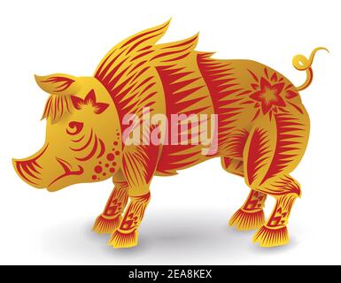 Brave cochon ou sanglier de Zodiac chinois avec des défenses féroces aux couleurs or et rouge, isolées sur fond blanc. Illustration de Vecteur