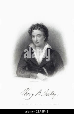 Percy Byshe Shelley, 1792 – 1822. Poète anglais, dramaturge, essayiste, romancier. Sa signature sous le portrait. Après une gravure par W. Finden. Banque D'Images