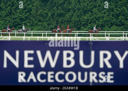 Photo de dossier datée du 15-08-2020 d'UNE vue générale comme les coureurs font leur chemin vers le départ à l'hippodrome de Newbury. Date de publication : lundi 8 février 2021. Banque D'Images