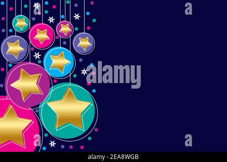 Illustration de style Memphis de boules de Noël suspendues dans le rose, le violet, le vert et le bleu décoré avec des étoiles d'or sur un fond bleu foncé Banque D'Images