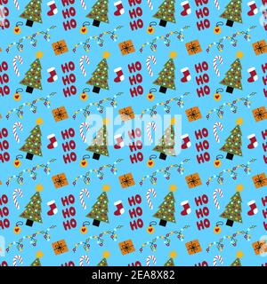 Motif de Noël sans couture avec de jolies illustrations simples dessinées à la main, sans coutures, sur fond bleu clair. Illustration de Vecteur