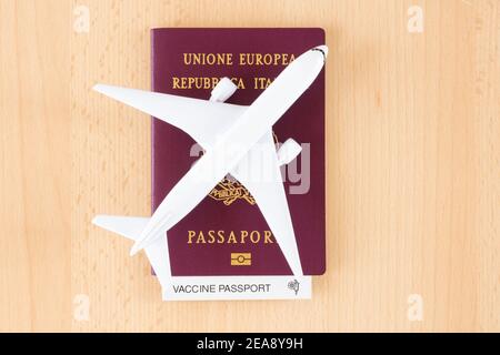 Une plate-forme, un modèle d'avion et un passeport portant l'étiquette « Vaccine Passport » sont disposés sur une table en bois. Banque D'Images