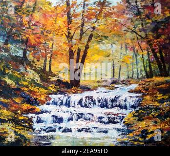 Paysage forestier d'automne avec une petite rivière avec cascades Banque D'Images