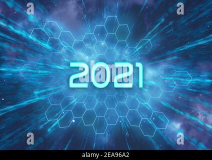 Une illustration typographique futuriste '2021' qui symbolise la progression rapide dans la technologie Banque D'Images