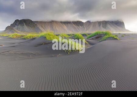 Vestrahorn / Vesturhorn, montagne de cris en roches de gabbro et de granophyre, partie de la chaîne de montagnes de Klifindur à Stokknes, Islande Banque D'Images