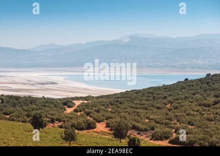 Vue aérienne du lac Burdur dans la région d'Isparta avec terres agricoles en premier plan. Agriculture et ressources naturelles en Turquie Banque D'Images