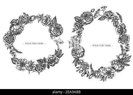 Couronne florale de roses noires et blanches, anémone, eucalyptus, lavande, pivoine, viburnum Illustration de Vecteur