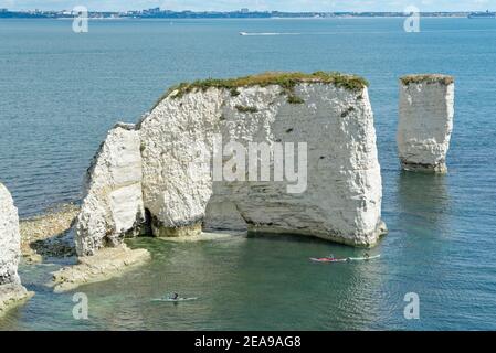 Kayakistes pagayant autour de Old Harry’s Rocks, Handfast point, Swanage, Dorset, Royaume-Uni, août. Banque D'Images