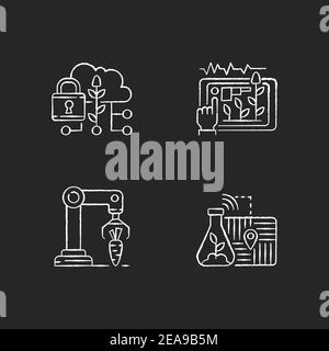 Automatisation de l'agronomie RVB craie icônes blanches sur noir arrière-plan Illustration de Vecteur