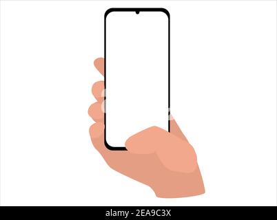 tient le smartphone à la main avec écran blanc vide. espace de copie, style plat Illustration de Vecteur