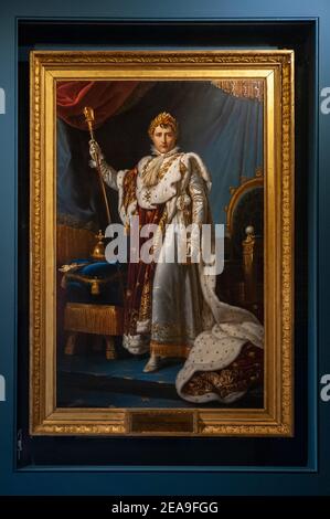 Rome, Italie février 4 2021: 'Napoleone e il mito di Roma' - marché de Traiano, musée du Forum impérial. Peinture de Napoléon dans ses robes de couronnement. © A Banque D'Images