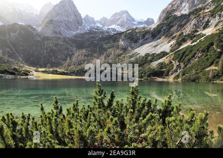 Autriche, Tyrol, Ehrwald, Seebensee, Zugspitze, miroir, surface de l'eau, massif du Zugspitz, lac, lac de montagne, montagnes, alpes, montagnes de Wetterstein, paysage de montagne, paysage de montagne, idylle, massif de montagne, massif de montagne, ciel, roche, lac de montagne, eau, tourisme, fin d'automne, nature, Banque D'Images