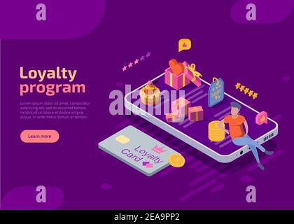 Bannière web isométrique de programme de remboursement, de récompense ou de fidélité. Carte de réduction et homme avec pièces en espèces, cadeaux sur smartphone géant sur fond violet. Offres promotionnelles d'achat en ligne pour les clients réguliers. Illustration de Vecteur